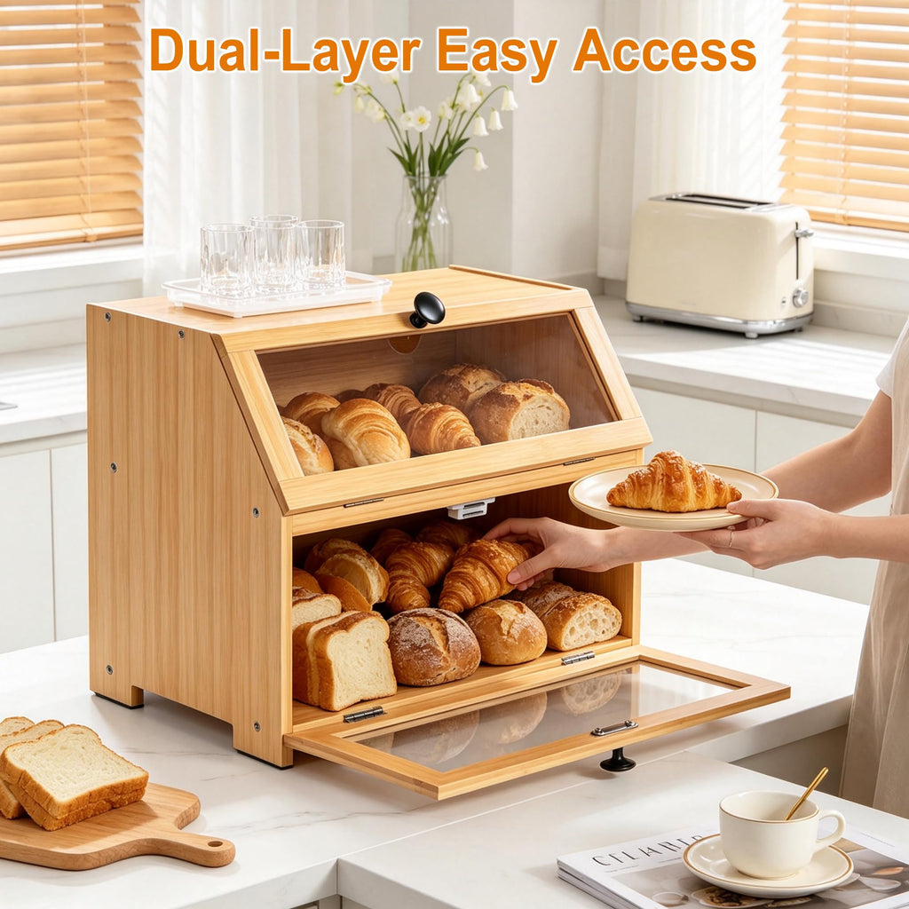 Bamboo Countertop, Large Bread Storage Container Bin 2 Layer Breadbox Holder Counter, Cabinet, Pantry, Cupboard