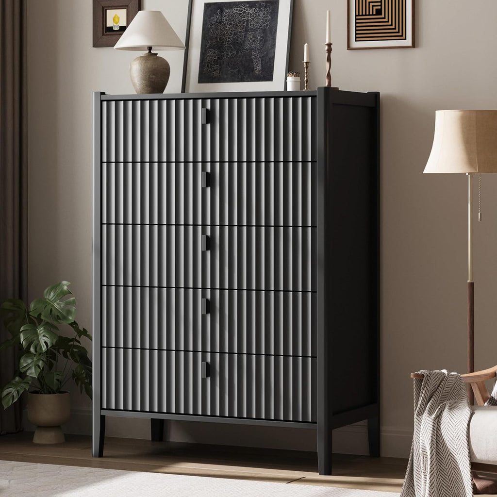 Black 5 Drawer Dresser, Modern Tall Dresser , Fluted Wood Chest of Drawers with Deep Drawers for Clothes, Storage