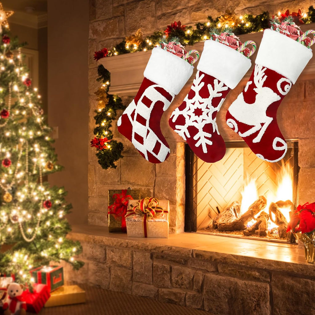 Christmas Stocking Set of 3, 18 Inch Red Christmas Stockings Embroidered Elk Snowflakes Sleigh White Plush Faux Fur