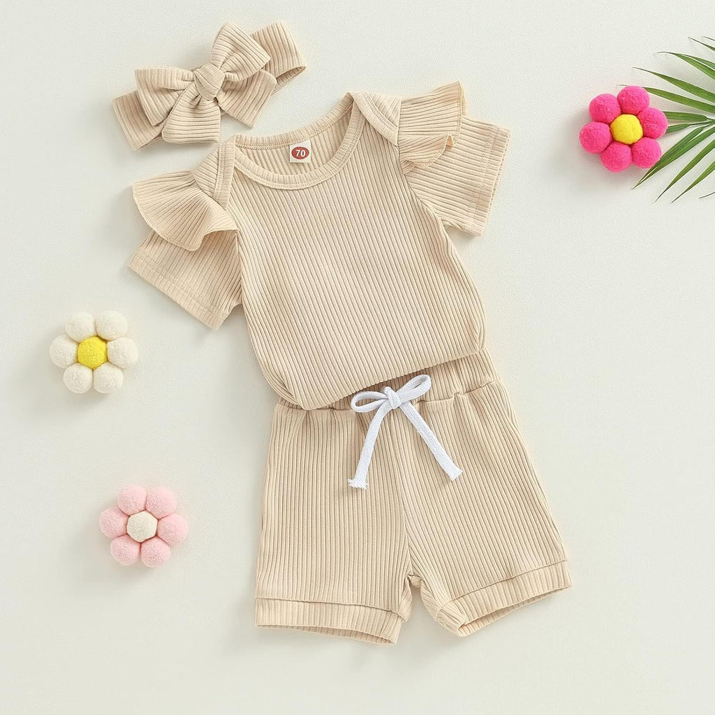 Baby Girls 3 Piece Ribbed Romper Sets Summer Toddler Ruffled Short Sleeve Onesie Elastic Waist Shorts and Bow Headband