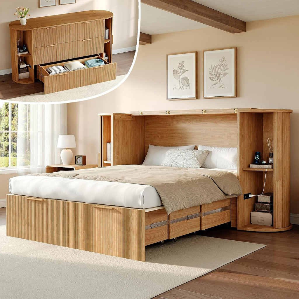 Queen Murphy Bed with Storage Bedside Shelves & Sliding Tambour Door, Modern Cabinet Bed with Charging Station &