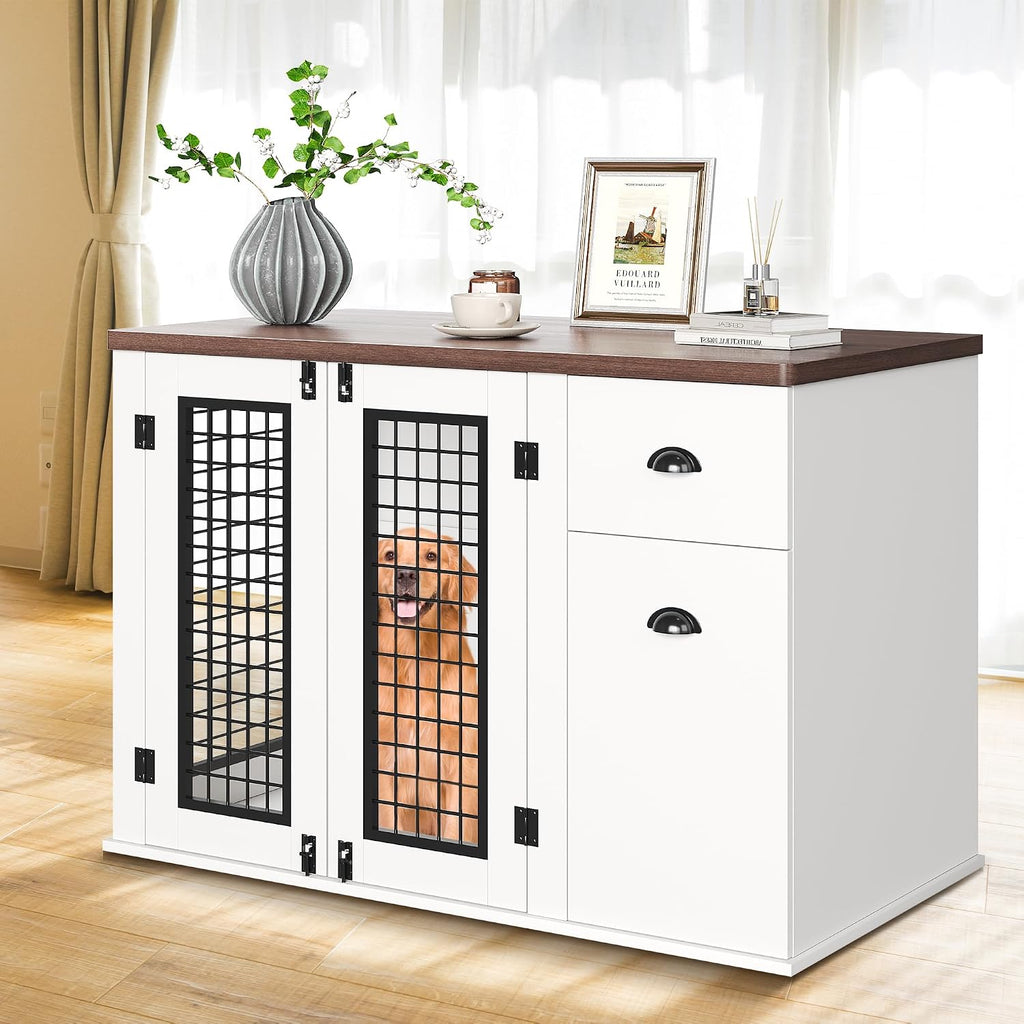 Elegant Wooden Dog Crate Furniture with Double Doors, Storage Drawers, Side Cabinet - Durable Heavy Duty Indoor