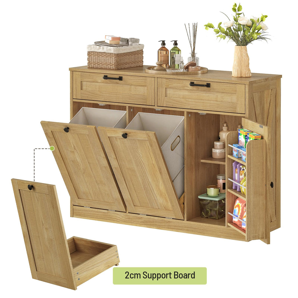 Double Tilt Out Laundry Hamper Cabinet, 43.3" Laundry Cabinet with 2 Removable Baskets, Farmhouse Wooden Hidden Trash