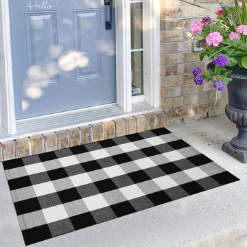Buffalo Plaid Checkered Rug 27.5x43 in Black White Front Door Rug