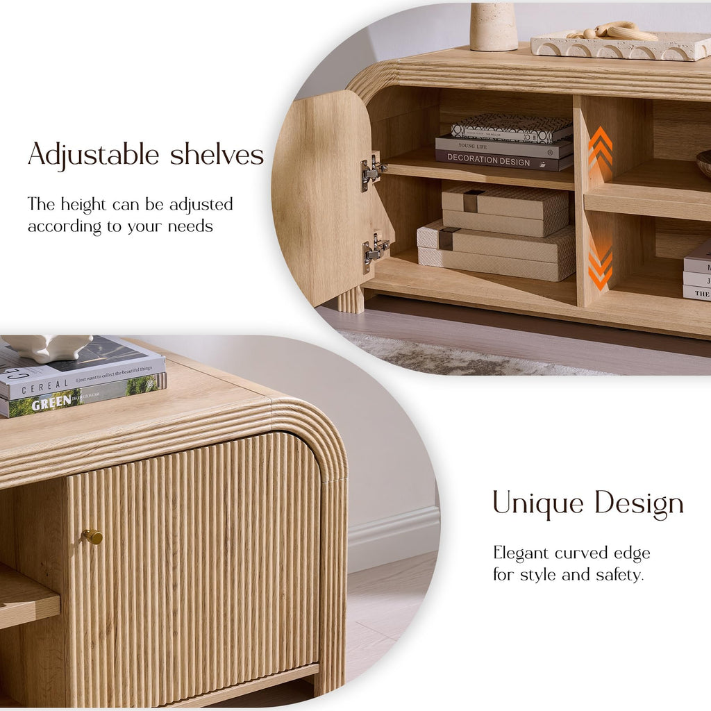 70" Modern Fluted TV Stand with Storage, Natural Oak