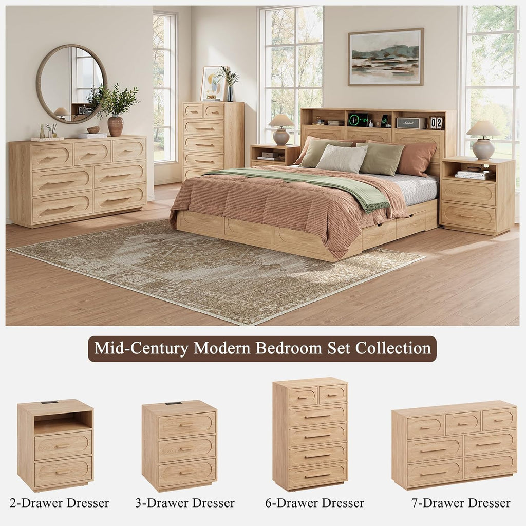 Nightstand with Charging Station, Modern End Table with 2 Drawers Storage, Space-Saving Wood Storage Cabinet with