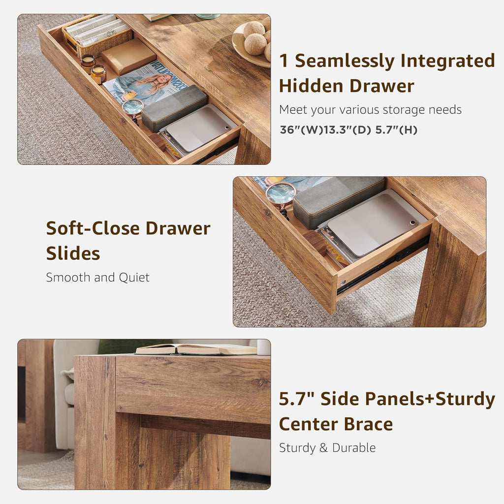 48" Modern Farmhouse Coffee Table, Wooden Living Room Table with Hidden Storage Drawer