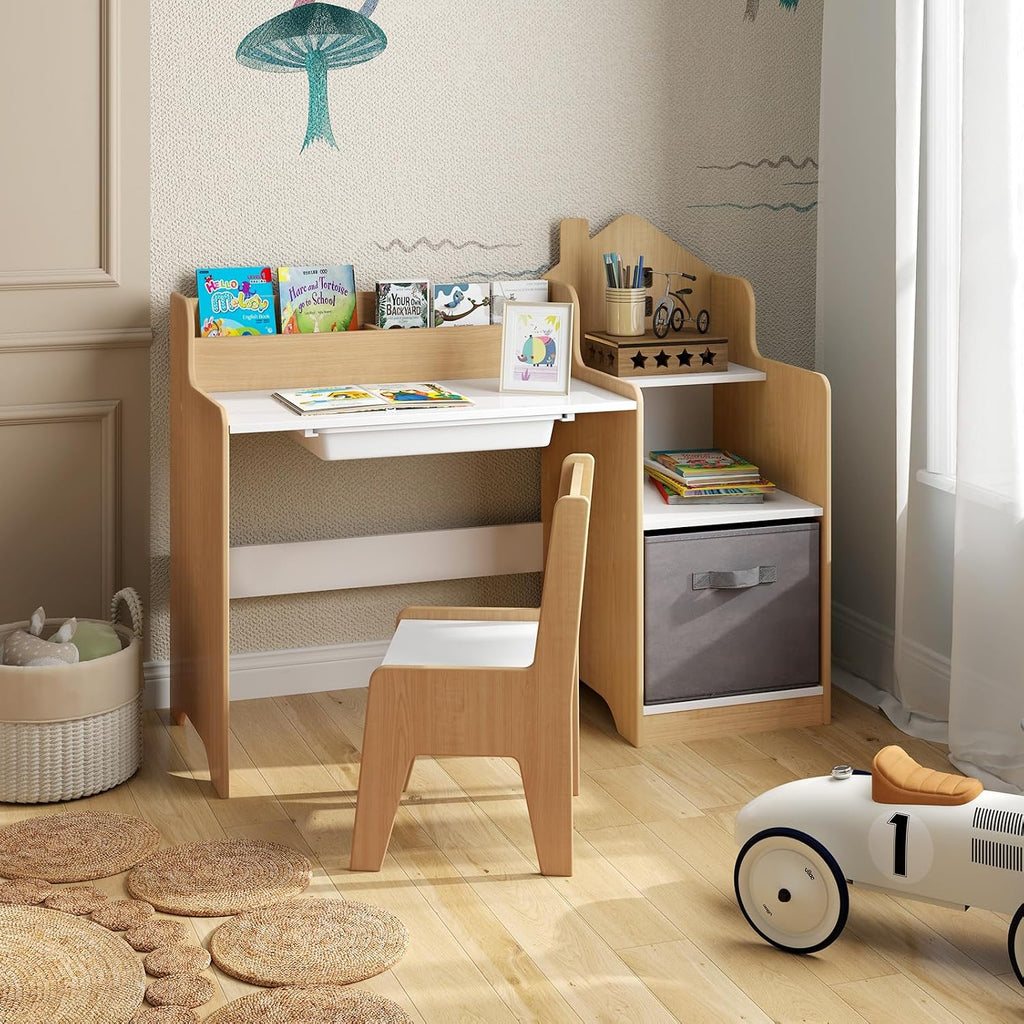 Kids Desk and Chair Set, Wooden Children School Study Table and Chair w/2 Drawers, Hutch, Storage Shelves, Student