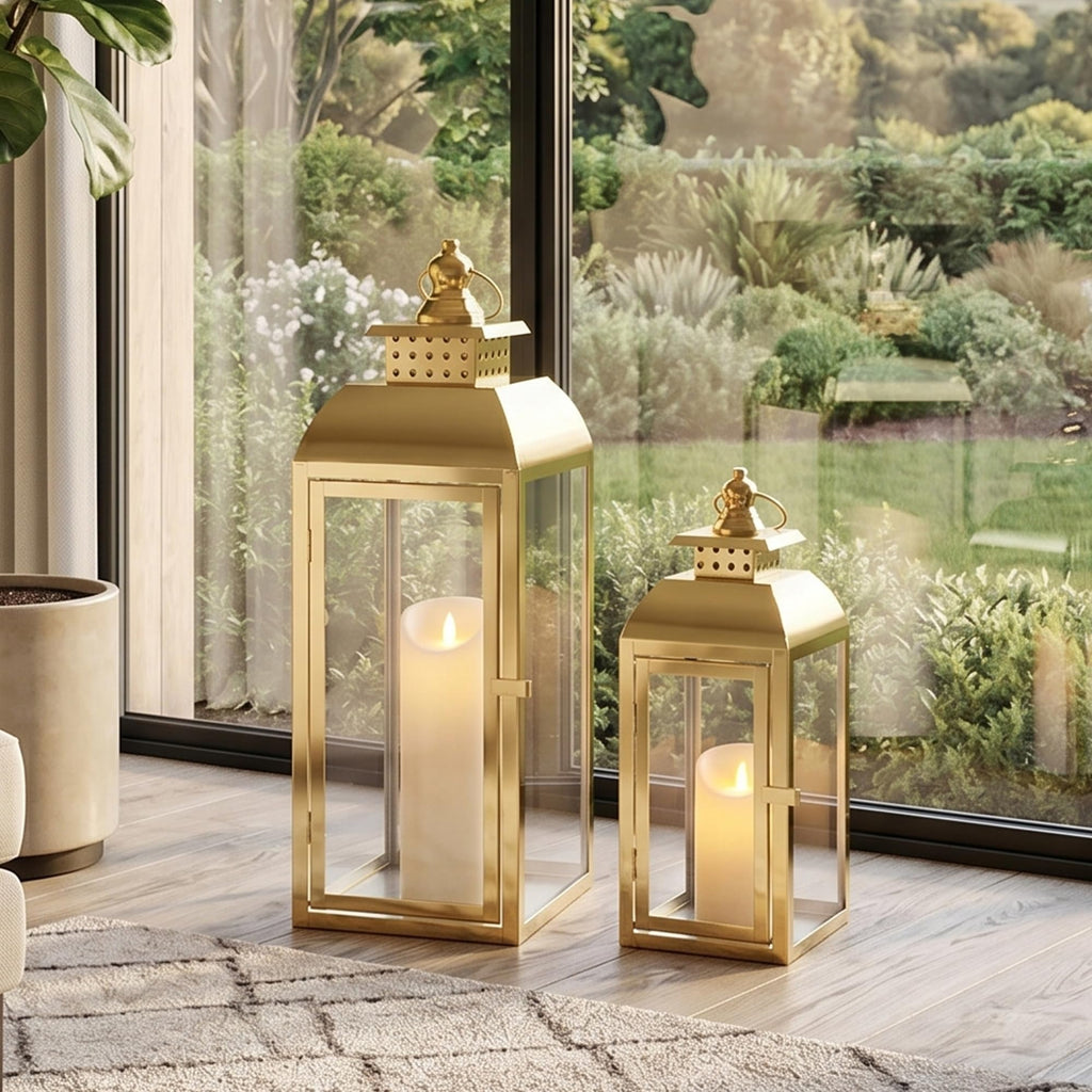 Set of 2 Gold Stainless Steel Decorative Candle Lanterns 20.5"&15" High Metal Candle Lanterns for Indoor Outdoor