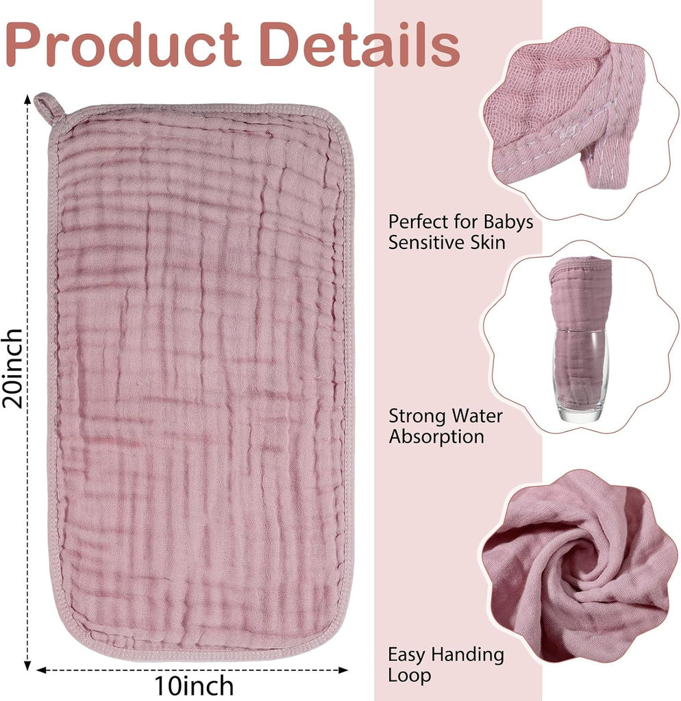 6 Pcs Muslin Hooded Baby Bath Towel and Washcloth Set,Pink, Rose