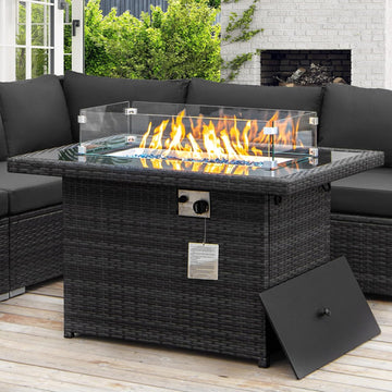 Wicker Propane Fire Pit Table, 60000 BTU Large Natural Gas Firepit Tables, 43'' Rectangle CSA Fireplaces for Deck