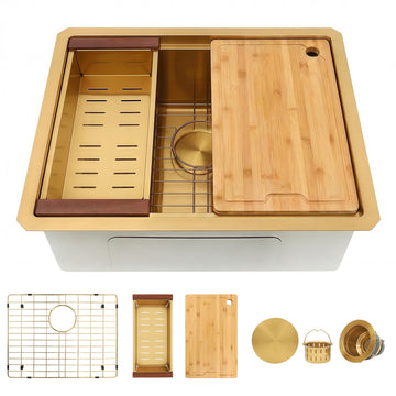 23 Inch Workstation Gold Kitchen Sink, 16 Gauge Undermount Sink