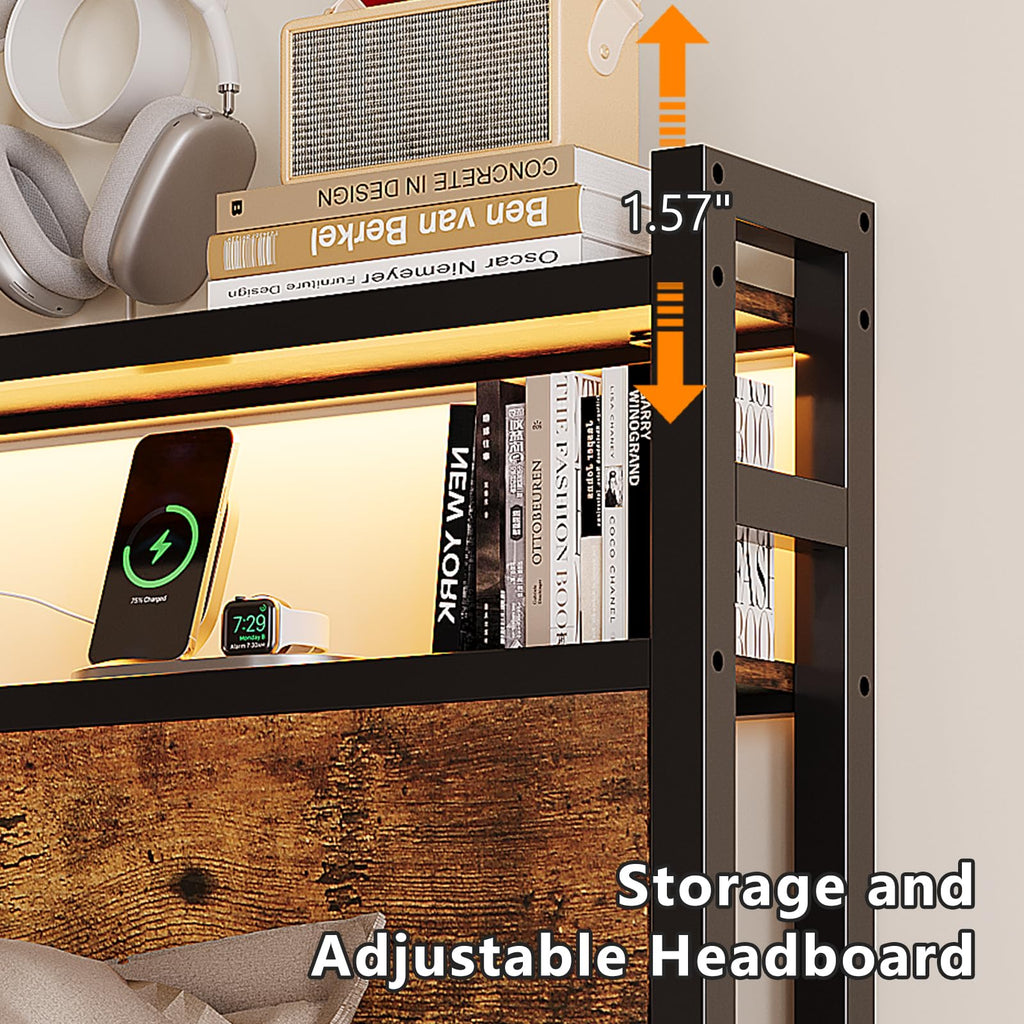 King Bed Frame with 4 Storage Drawers and Adjustable Headboard Shelf, Metal Platform Captain Bed with Charging