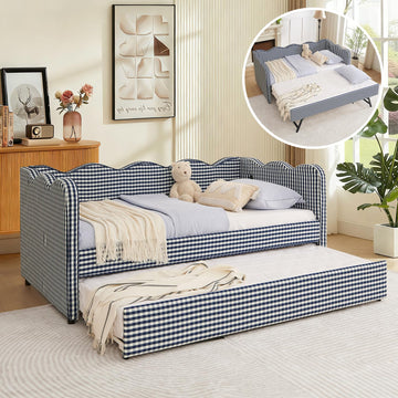 Twin Size Gingham Daybed with Trundle, Upholstered Linen Day Bed Frame with USB Ports & Wave-Shaped Backrest, Modern