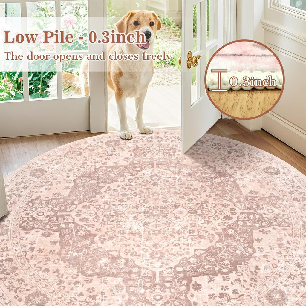 Boho 8ft Vintage Washable Round Area Rug