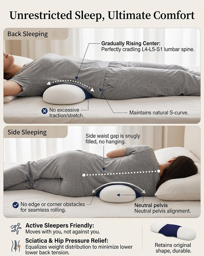 Lumbar Support Pillow for Sleeping, Lower Back Pain Relief | Memory Foam Bed Rest Waist Pillow with Cooling