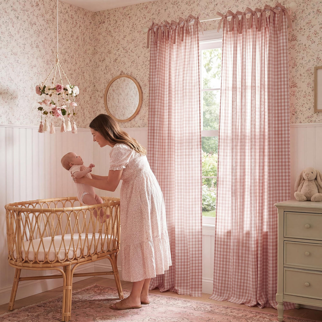 Rose Pink Plaid Curtains, Tie Top Bow Knot Checkered Girls Room Window Treatments, Coquette Room Decor Semi Sheer