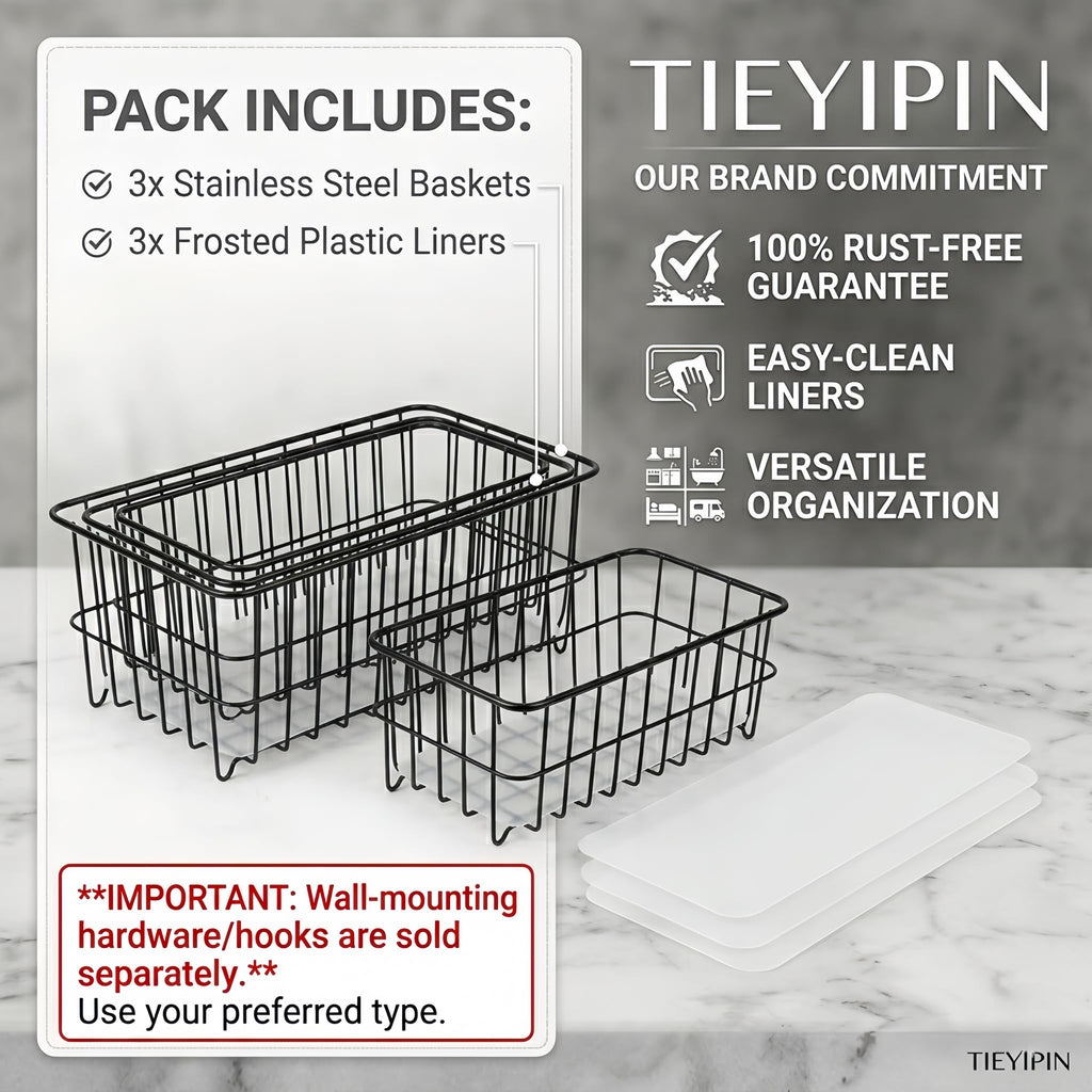 Farmhouse Decor Small Metal Wire Storage Organizer Basket Bins - Black (Set of 3), Black(Style 2)