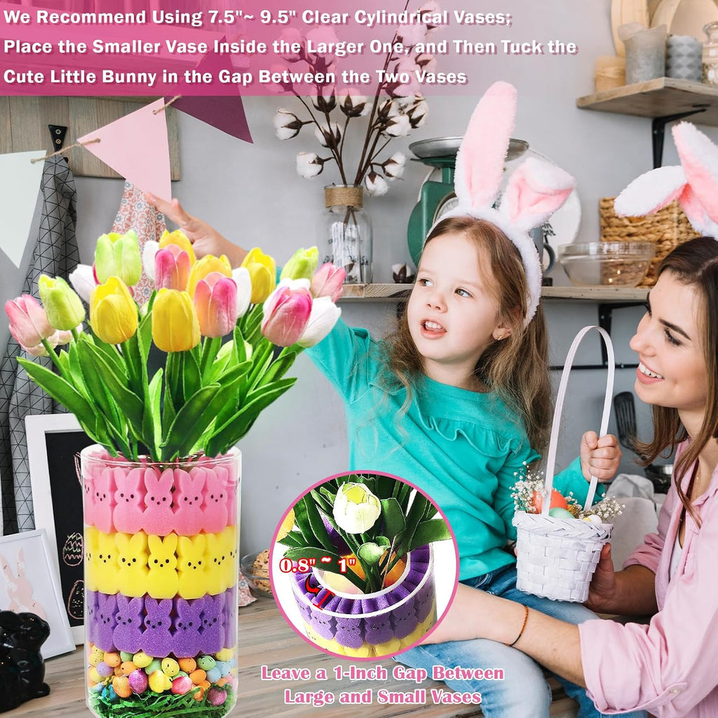 Easter Decorations,Easter Peeps Decor,15 Artificial Tulips with 45 Bunnies Vase Filler Set,Perfect Spring Decor,Table