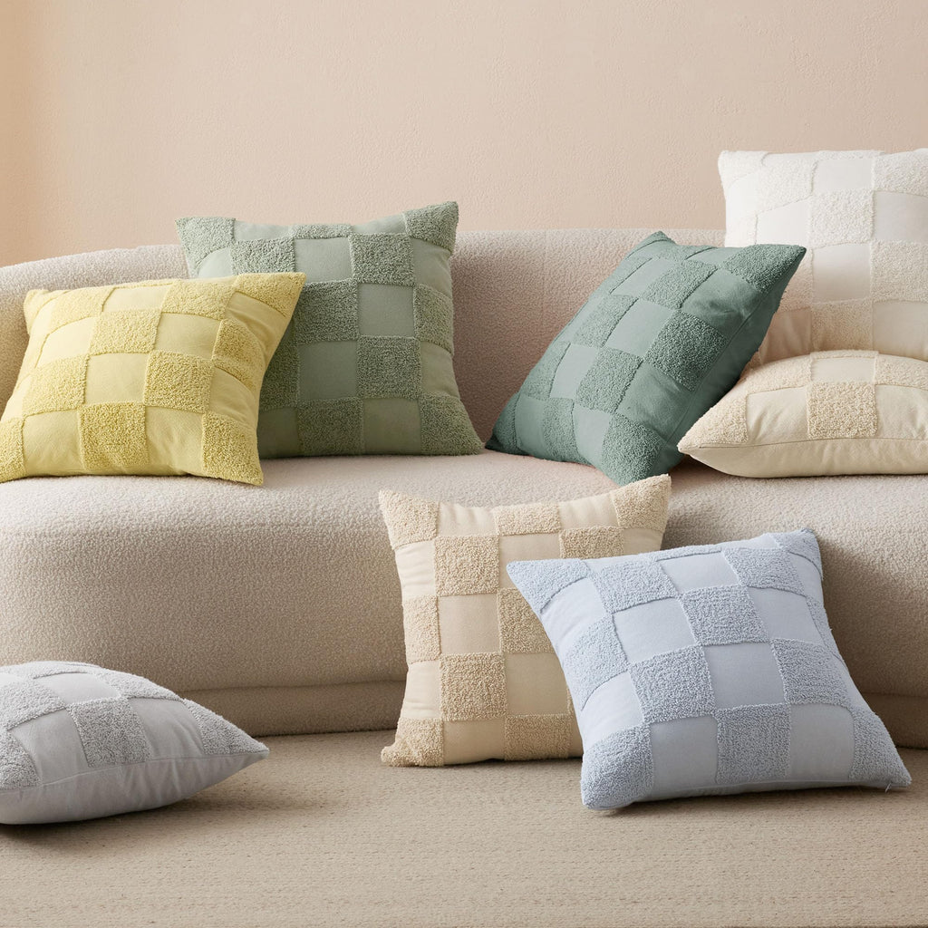 Stitch 100% Cotton Tufted Boho Checkered Throw Pillow Covers, Beige