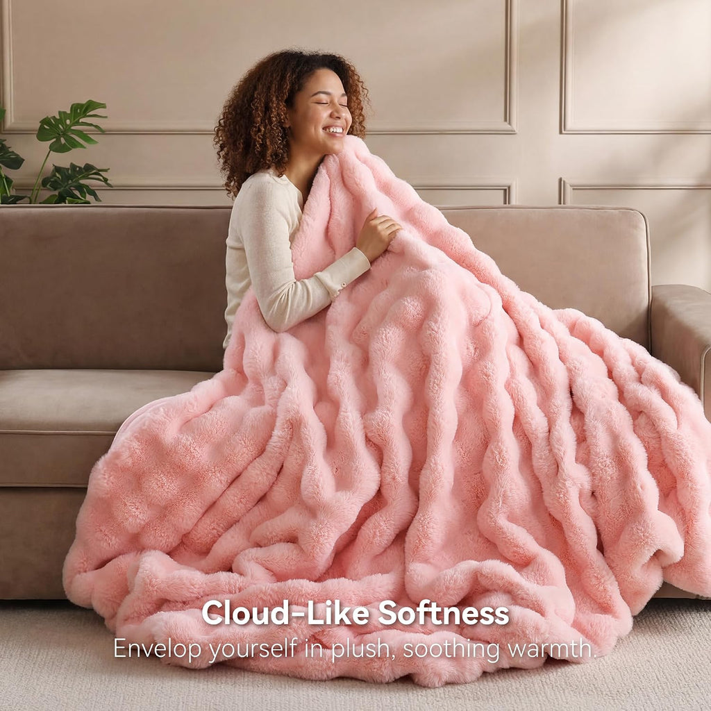Faux Rabbit Fur Throw for Couch - Blush Pink Bubble Blanket 60"x80" | Fluffy Plush Fuzzy Throw for Sofa & Bed, Super