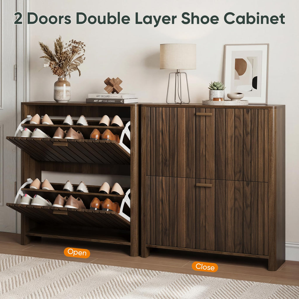 Shoe Cabinet with 2 Flip Drawers, 31.5 Inch Narrow Fluted Shoe Organizer with Gradient Wood Strips Door Hallway