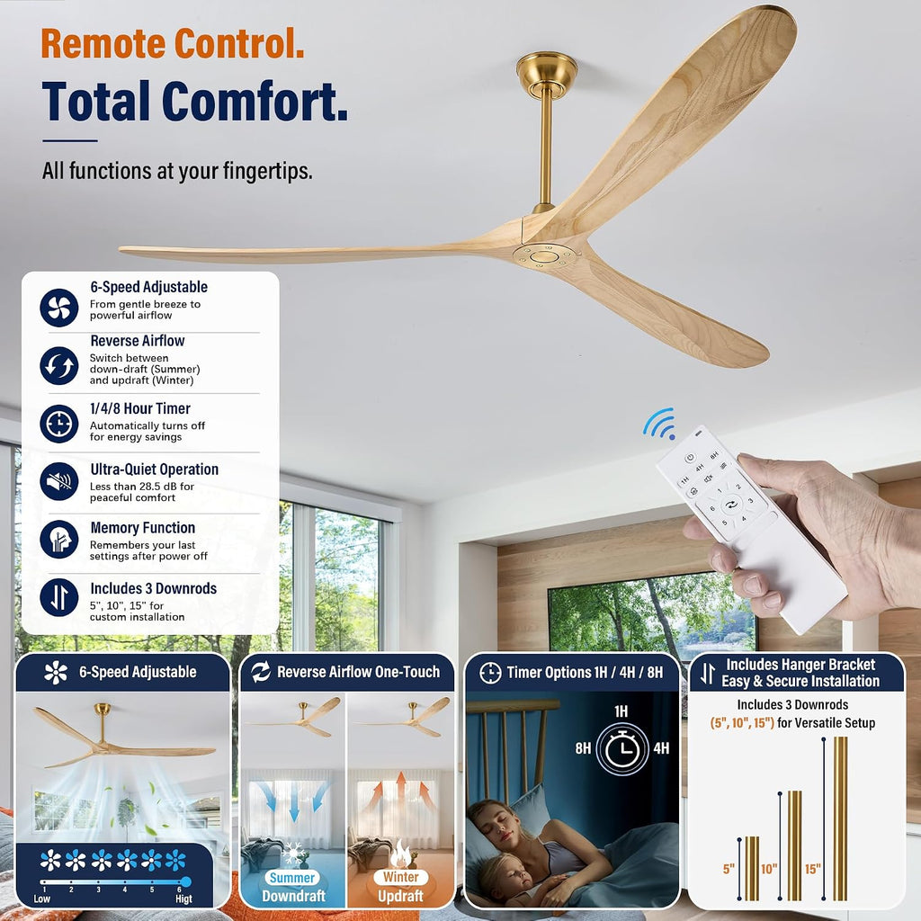 Inspired Maverick Style 84" wood ceiling fan, Brass Gold