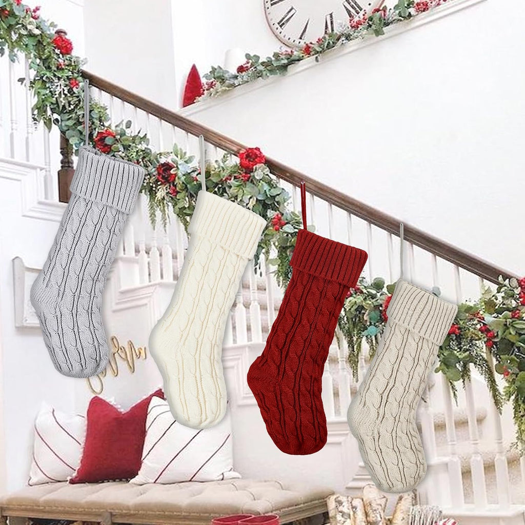 S - 4 Pack Cable Knit Family Christmas Stockings, Large Trdaitional Knitted Holiday Stockings, Tree Decor - Set of 4