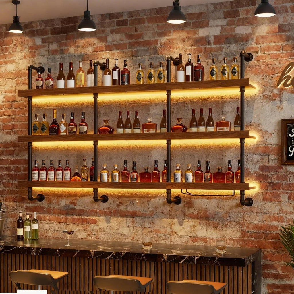 47.2in Wall Mounted Wine Rack with LED Light Solid Wood | 3-Tiers Liquor Bottles Floating Shelves Display Storage