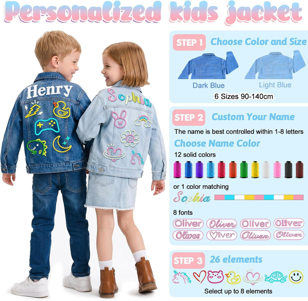 Personalized Kids Denim Jacket for Girls Boys with Name Patches