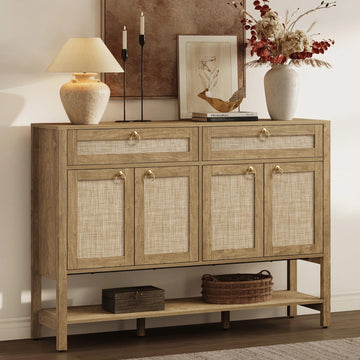 Rattan Sideboard Buffet Cabinet with 2 Drawers, 4 Doors, Credenza