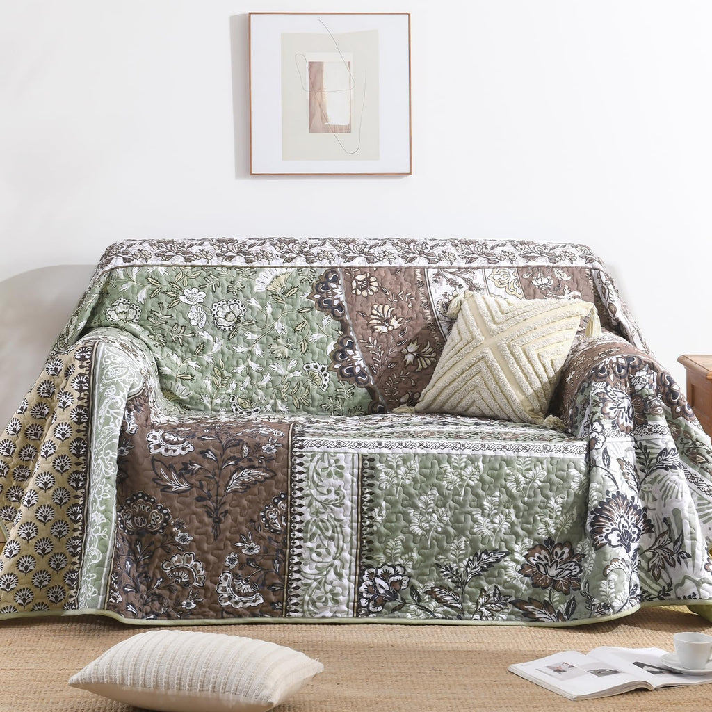 Patchwork Quilt Bedding Set, Boho Bedspread, Brown Green