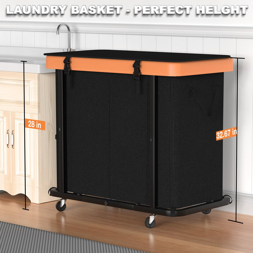 Basket with Wheels, 230L Leather Patchwork Laundry Sorter 3 Section