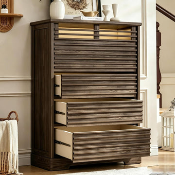 Fluted 5 Drawer Dresser, 46'' Tall Vertical Dresser with Led Light, Farmhouse Brown Wood Chest of Drawers with Grille