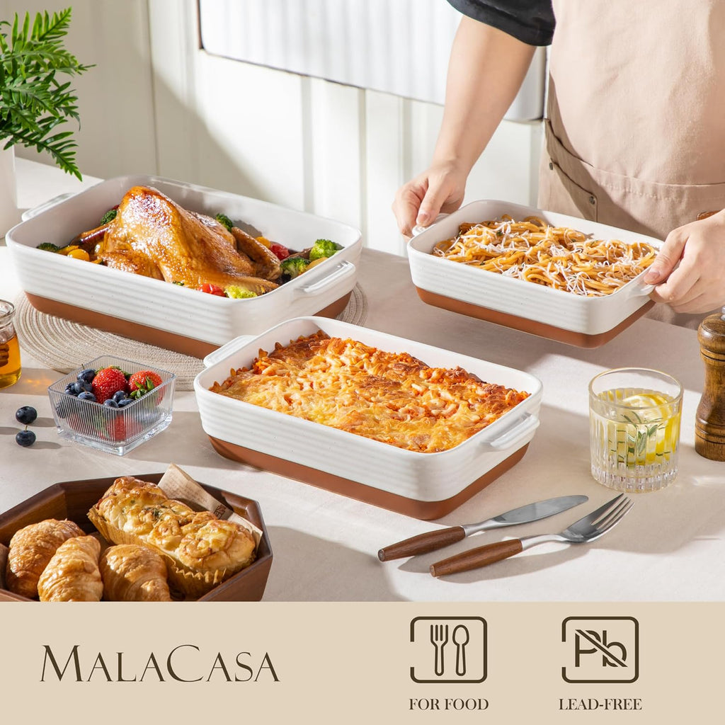 Casserole Dishes for Oven, Ceramic Dishes Set of 3, Pan Casserole Dish Set, Rectangular Lasagna Pan Deep with Handles