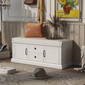 42.5" Storage Bench with Removable Cushion, 2 Drawers and 2 Cabinets, Entryway Hallway Foyer Shoe Bench Bedroom End