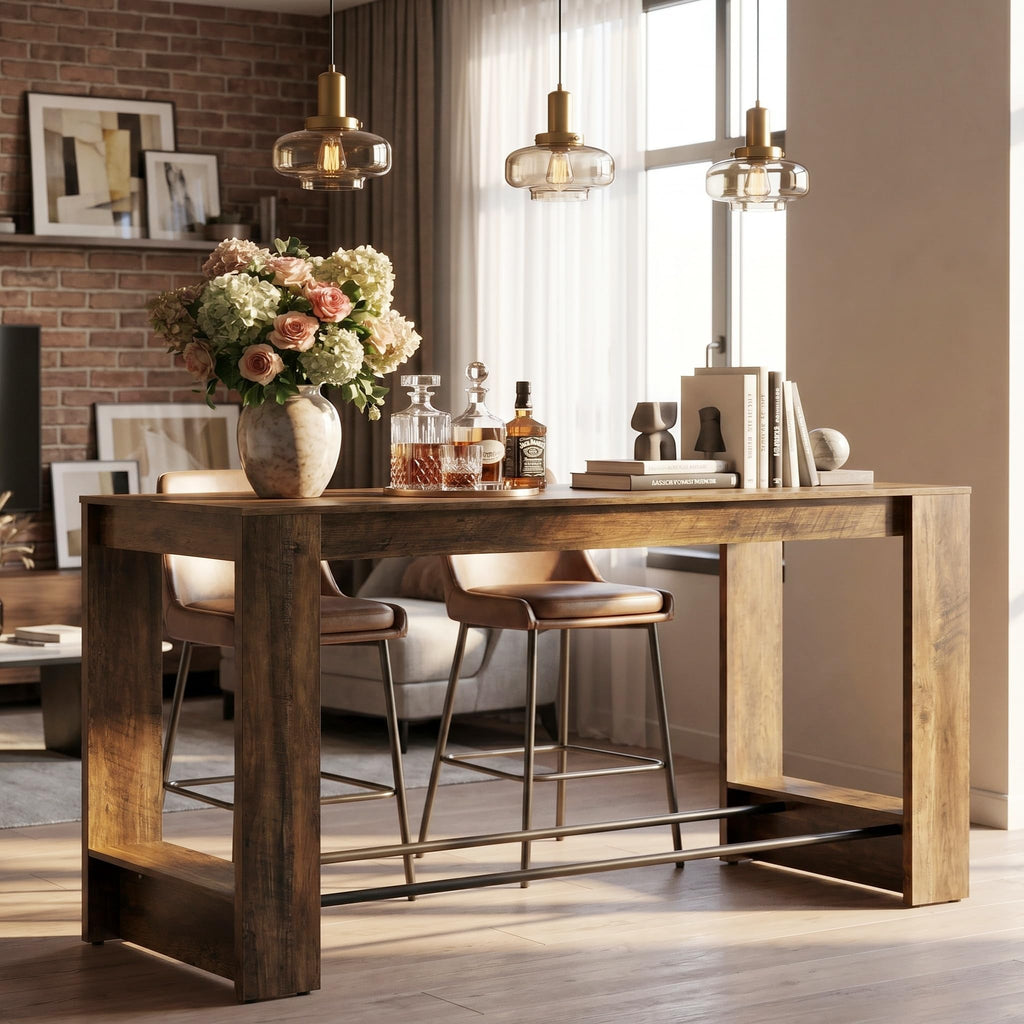 63'' High Top Long Bar Table, 37.4'' Counter Height Pub Table with Metal Footrests, Long Home Bar Unit, Bistro, or