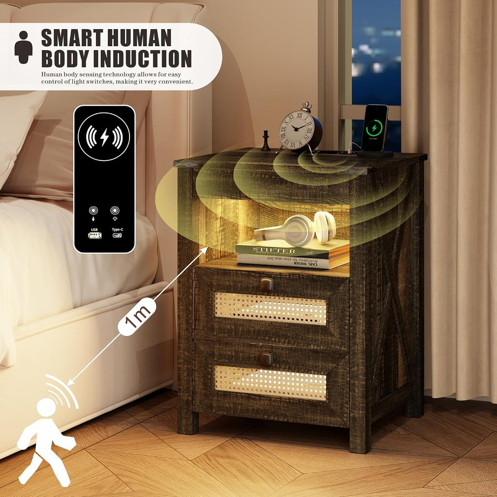 Rustic Nightstand with Gun Drawer, End Table with Charging Station, LED Bedside Table with Human Sensor Light, Rattan