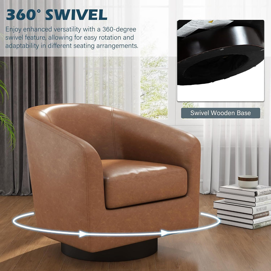 Faux Leather Swivel Accent Chairs, Barrel Armchair, Brown - Set of 2
