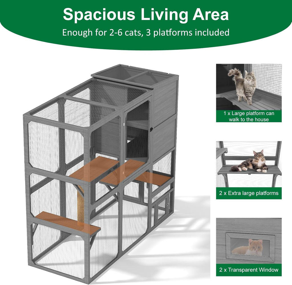 Catio Outdoor Cat Enclosure, 70 inch Large Cat House, Grey