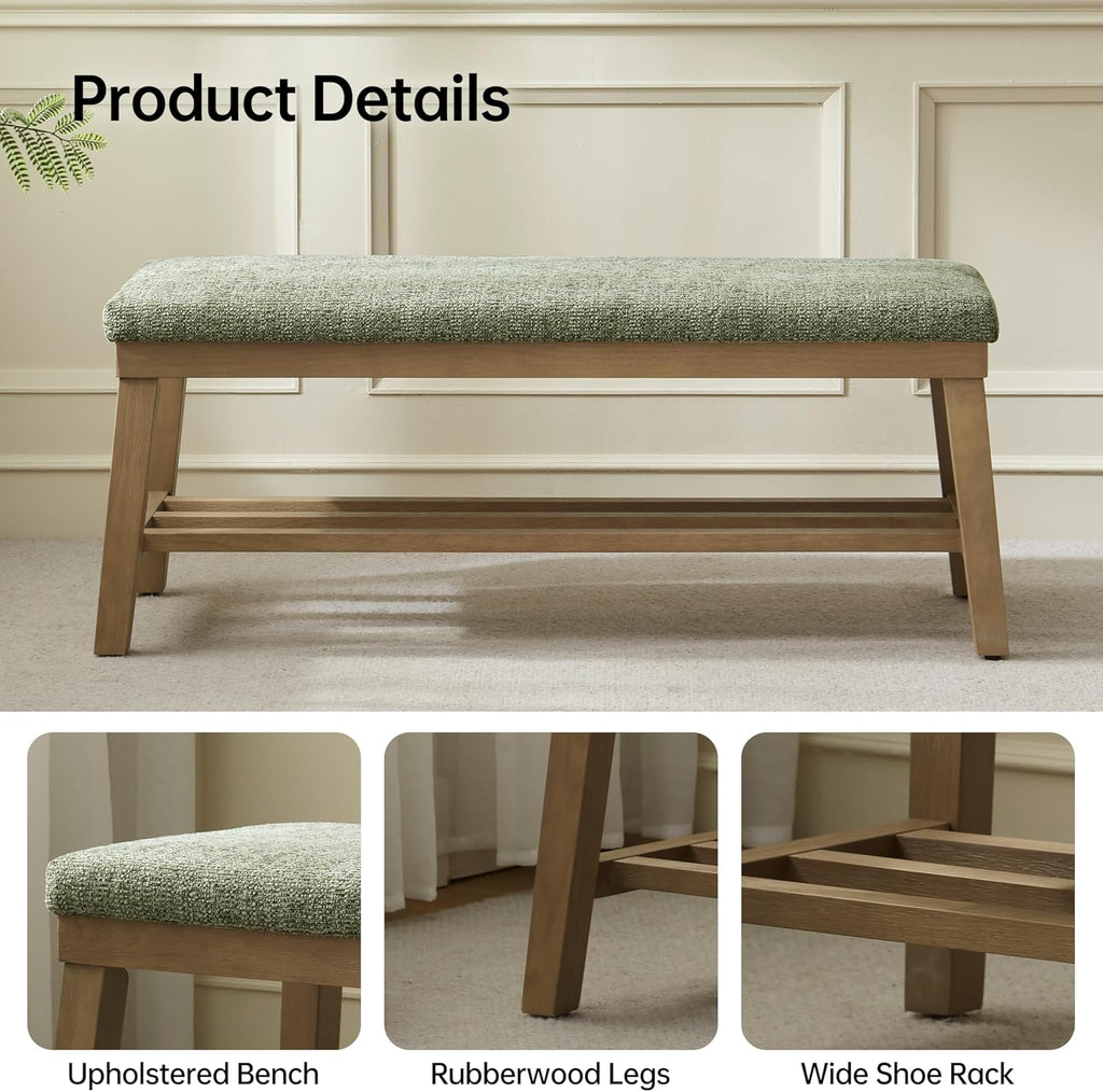 Entryway Bench, Storage Shoe Bench with Rubberwood Legs, Green | Shoe Rack Bench with Cushion, Soft Chenille Fabric