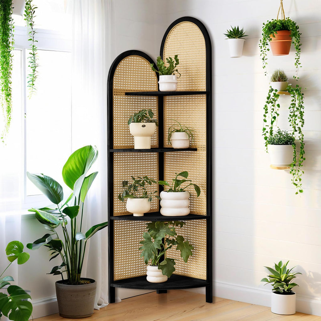70" Arched Rattan Corner Shelf, 4-Tier 90° Corner Design, Black