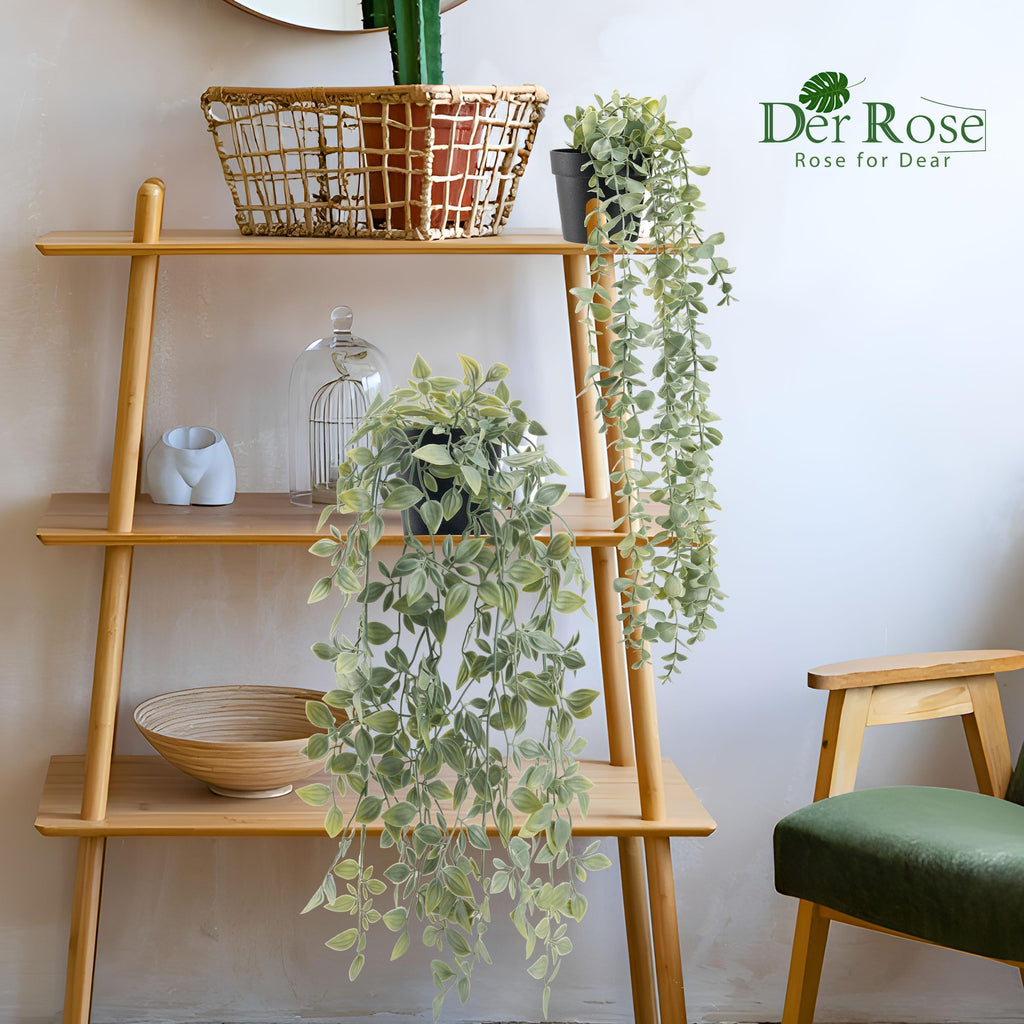 2Pcs Fake Hanging Plants with Black Pot Shelf Decor