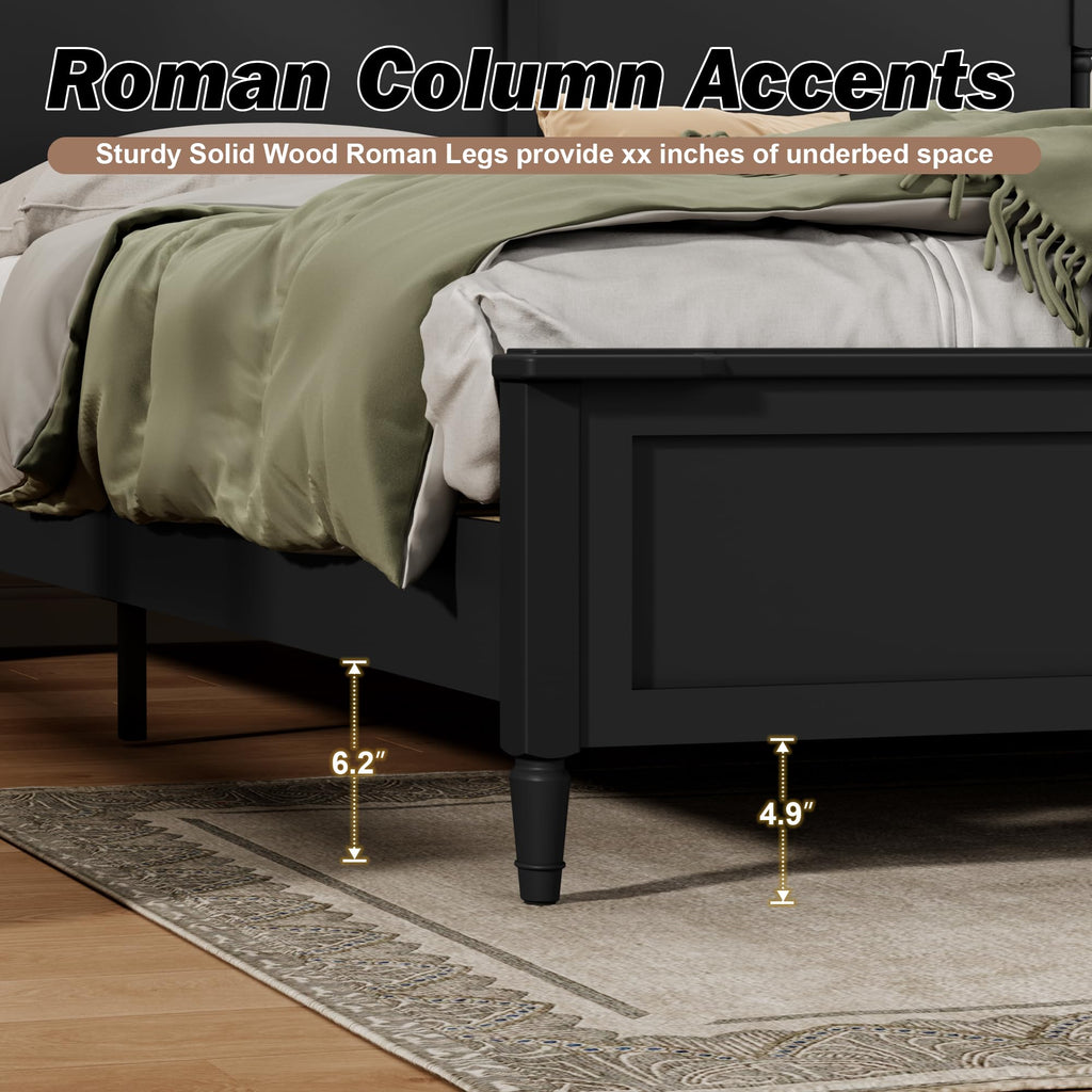 Vintage Bed Frame with Curved Headboard, Black Wood Platform Bed