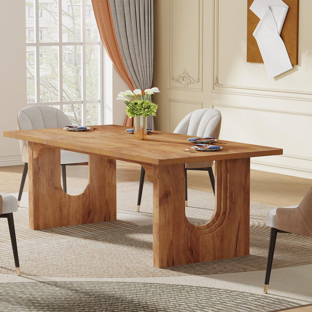 Modern Dining Table for 6 to 8 People, 71" Large Kitchen Dining Table with Wood Pedestal Base, Rectangular Long