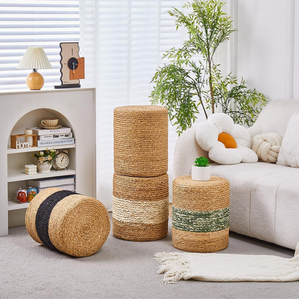 2PC 14" Pouf Ottomans Natural Grass Footstool Handmade Boho Decorative Seat