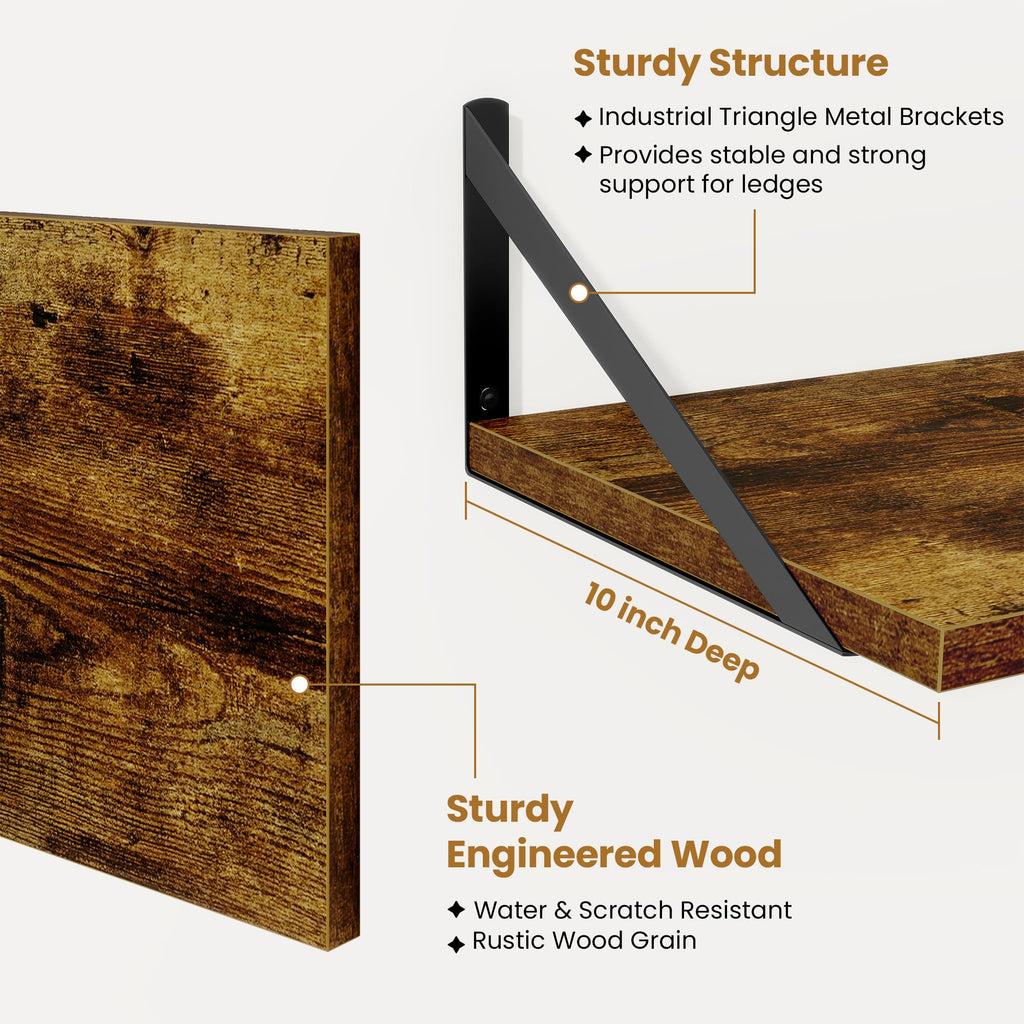 Deep Floating Shelves for Wall, 30" Wx10 D Wood Floating Shelf Set of 2, Sturdy Metal Bracket Wide Display &