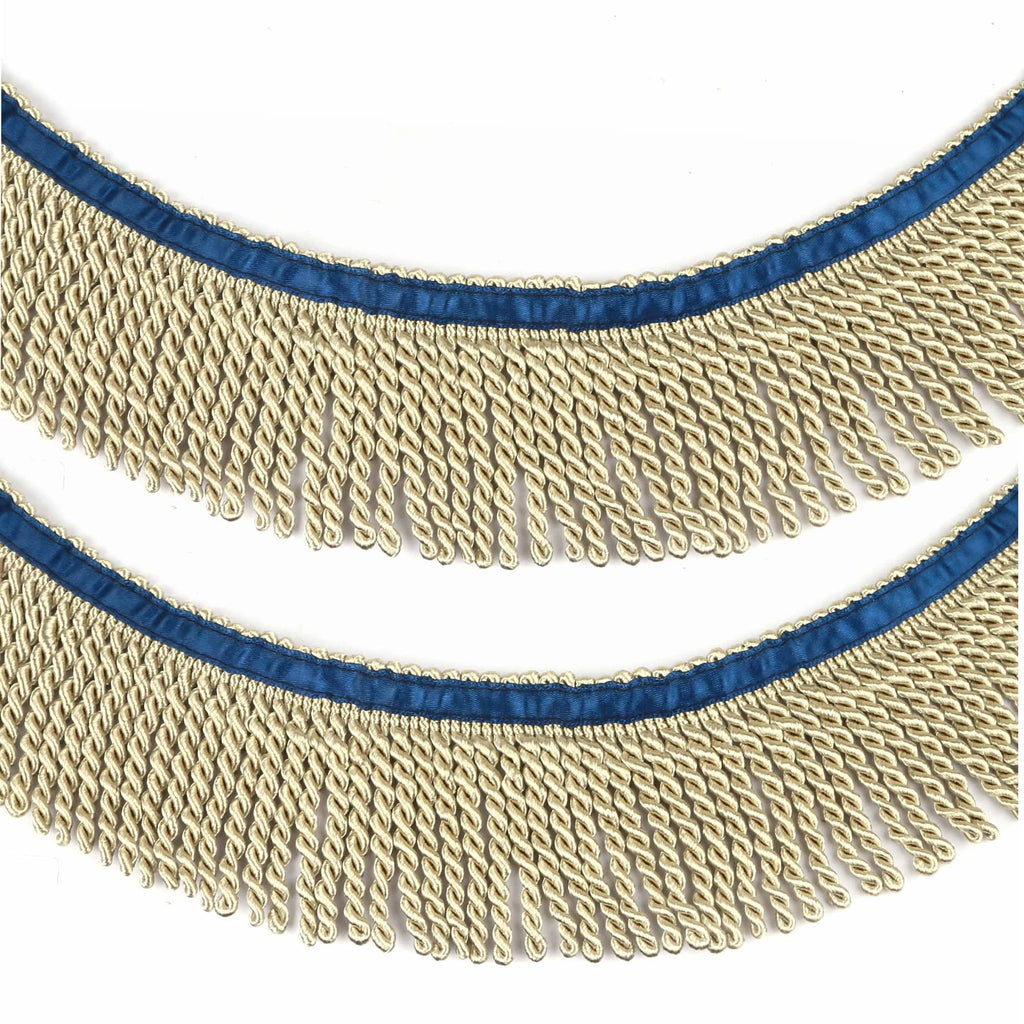 2.5" Wide Bullion Fringe Trim with Blue Ribbon,Dark Beige - 5Yard