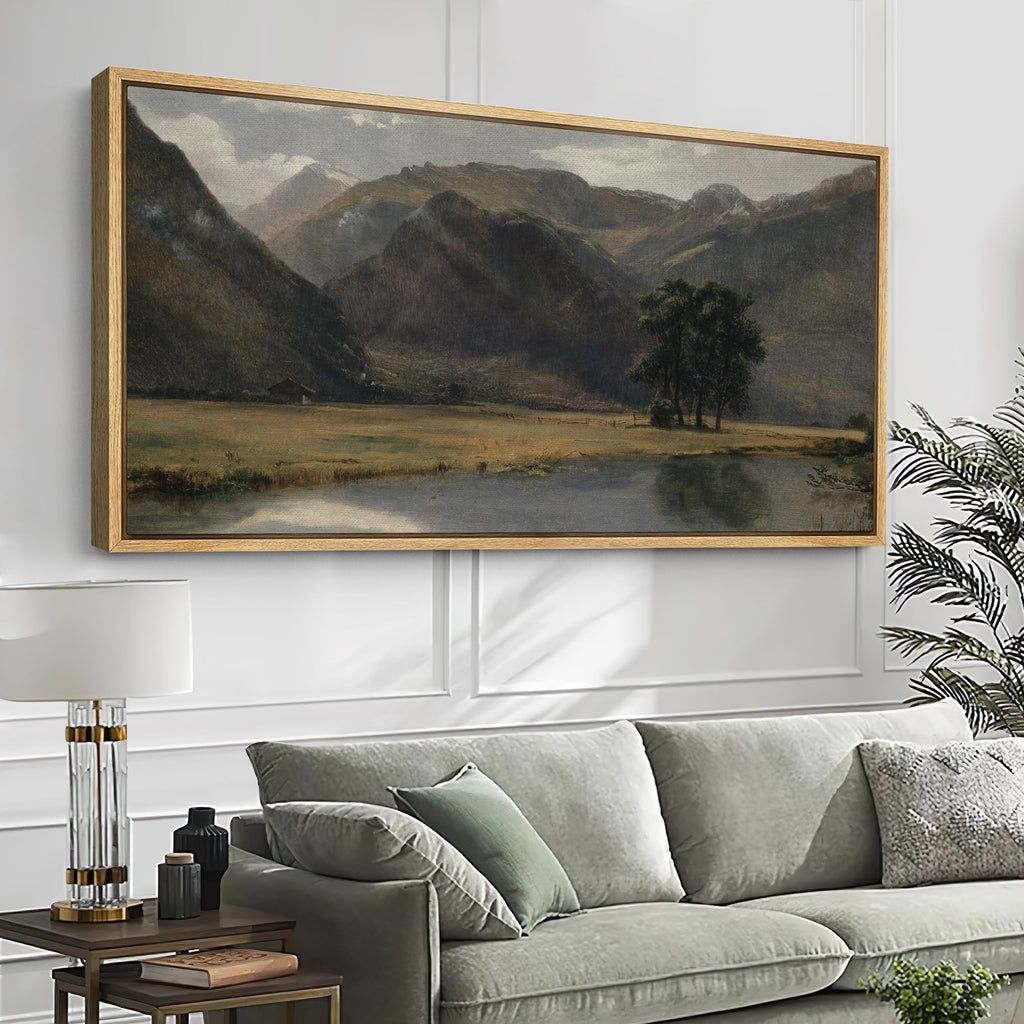 Extra Large Framed Canvas Print Wall Art Tranquil Mountain Valley with River Illustrations Modern Art Calm Warm