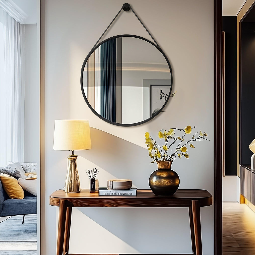 Hanging Strap Wall Mirror: 23.6" Round Bathroom Mirror Black Frame
